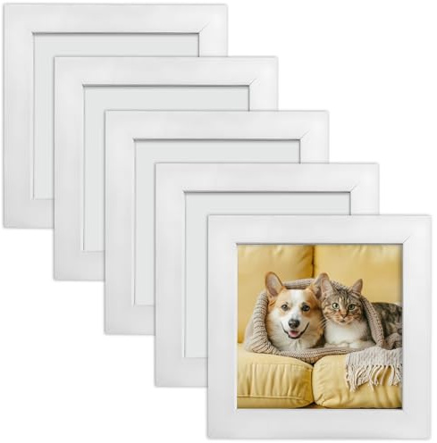 4x4 Photo Frames, 5 Pack White Square Picture Frames, 10.2x10.2cm Small Photo Frame, Wooden Picture Frames with Double Mounts and Acrylic Glass for Wall Mount & Desk Stand