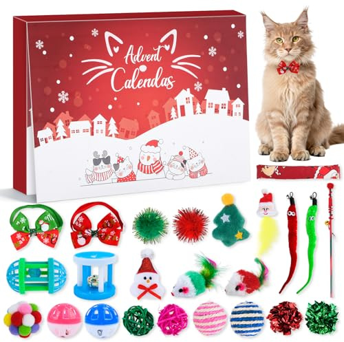 Ruryxel Calendario Avvento per Gatti 2025, 24 giocattoli natalizi per gatti, regalo di Natale per gatti con canna da pesca, regali riutilizzabili per il calendario dell'Avvento