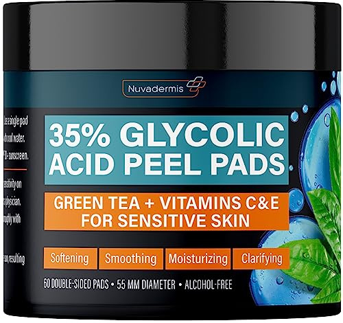 NUVADERMIS 35% Glycolic Acid Peel Pads – Exfoliating Facial Resurfacing for Blackheads, Dark Spots, and Acne – Safe for Sensitive Skin – 60 Double-Sided Pads