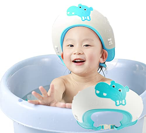 FUSACONY Duschhaube Kinder, Baby Verstellbarer Shampoo Schutz, Shampoo Bade Bad SchüTzen Weiche Kappe Hut, Kappe Wasserdicht Cap für Kinder 0-9 Jahre Jungen & Mädchen (Nilpferd Blau)