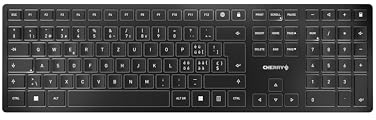 CHERRY KW 9100 Slim, kabellose Tastatur, Schweizer Layout, QWERTZ Tastatur, wahlweise Bluetooth- oder Funkverbindung, SX Scherenmechanik, wiederaufladbar über USB-Kabel, flach, Schwarz-Silber