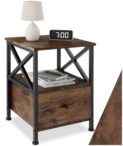 tectake® Mesita de Noche con Cajón y Compartimento, Mesitas de Noche, Mesa Auxiliar Sofa, Decoracion Hogar, Oficina, Mesa Auxiliar Salon - 41,5 x 40 x 55,5 cm Madera Industrial Oscura, Rústica