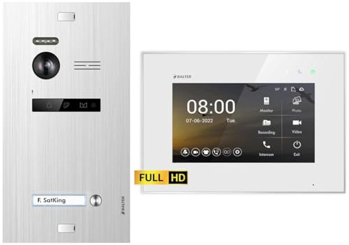 Balter EVO HD Silber/Weiß Video Türsprechanlage Set für 1 Familienhaus (1x Türstation mit Full HD-Kamera, 1x Touchscreen 7 Zoll Monitor, 2-Draht Bus, 175° Weitwinkel, Türöffner)