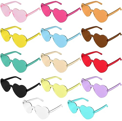Alikiai 16 Stück Herz Sonnenbrille, Herzbrille Retro Hippie Sonnenbrille Herz Lustige Randlose Transparent Herzchen Sonnenbrille Herzform FüR Fasching Requisiten Geburtstagsfeier Für Kinder