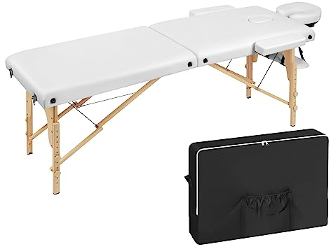 VORSCH mobile Massageliege 2 Zonen, Massagetisch klappbar höhenverstellbar, tragbare Massagebank mit Holzbeinen, Kosmetikliege mit Armlehnen Armablage Kopfstütze Tragetasche, Weiß