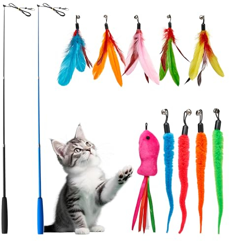 Toozey Katzenspielzeug 12 Stück, Katzenangel mit 2 STK Versenkbare, 10 Katzen Spielzeug Ersatzfedern, Katzenspielzeug Selbstbeschäftigung mit Feder/Bug/Fisch Glocke, Interaktives Katzenspielzeug Set