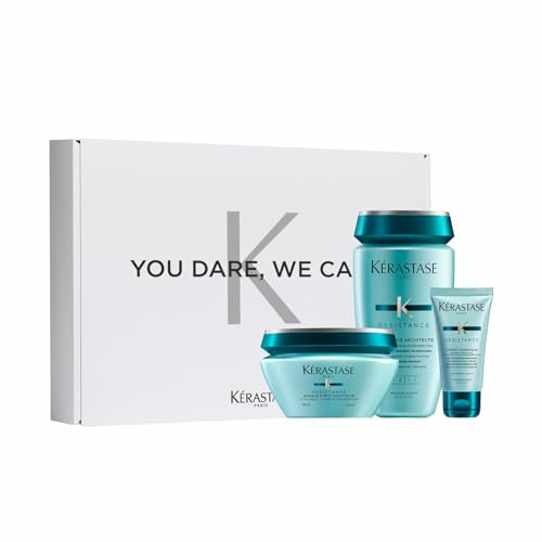 Kérastase, Résistance, Pflegeroutine mit Shampoo, Haarmaske und gratis Hitzeschutz als Probiergröße (50ml), Für geschädigtes und strapaziertes Haar, Aufbauend und stärkend