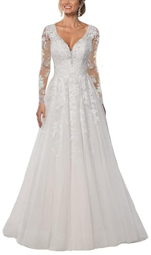 SEVENYXX Abito da Sposa delle Donne, Abito da Sposa, Pizzo Puro, Abito da Sposa a Maniche Lunghe, Abito da Sposa della Principessa, Bianco, 40