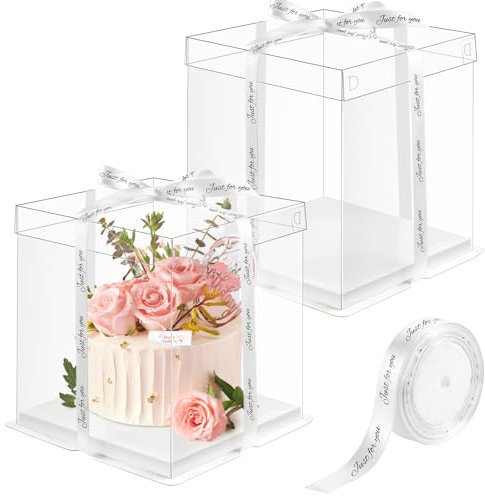 2er-Pack Transparente Tortenboxen 30 x 30 x 25 cm - Transportbox Mit Basis und Band für Geburtstag Dessert (10 Zoll, Weiß)