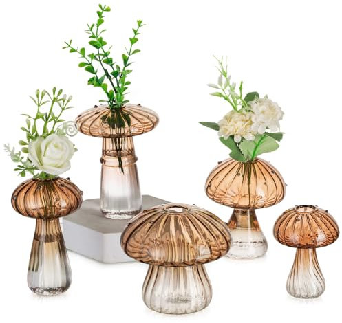 Glasseam Small Mushroom Vase for Decor: Cute Glass Vases for Flowers Plants Herb Bud Cuttings - Mini Brown Propagation Station for Home Living Room Kitchen Table as Gift for Mum Plant Lovers