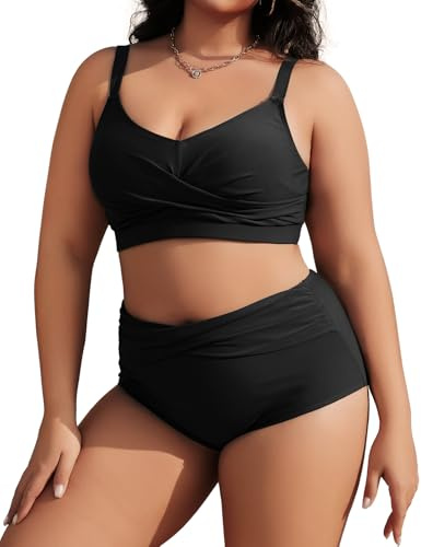 Tuopuda Bikini Mujer Talla Grande Push Up Cintura Alta Traje de Baño Dos Piezas Conjunto de Bikini Biquini con Relleno Bikini Top con Brasileño Braga Alta Natacion Playa M-4XL, Negro, 4XL