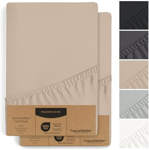 Hausfelder 2er Set Topper Spannbettlaken 180x200cm bis 200x200cm - bis 15cm Steghöhe, 100% Baumwolle Bettlaken 180 x 200 cm bis 200 x 200 cm, Spannbetttuch und Topperbezug Beige