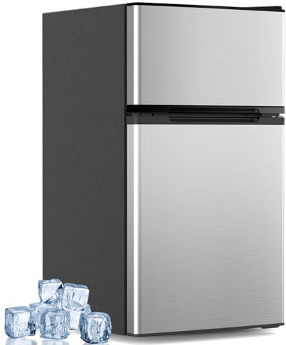 Electactic 3.2 Cu.Ft Mini Fridge with Freezer, Compact Refrigerator with 2 Doors, Small Fridge with Adjustable Thermostat & Removable Glass Shelves for Bedroom, Office, Dorm, or Apartment, Silver