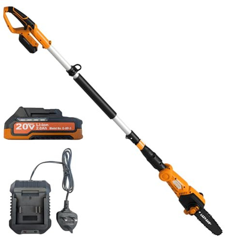 Cordless Pole Saw with Battery & Charger - Electric Tree Pruner Extends to 2.4m, Lightweight Design, 200mm Adjustable Cutting Head with Heavy Duty 10mm Teeth, Telescopic Garden Branch Cutter