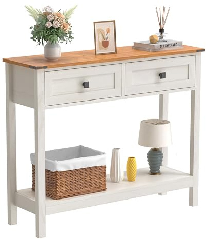 Trironsun Farmhouse Console Table with 2 Drawers for Entryway Rustic Hallway Table with Wooden Frame and Open Storage Shelf Sofa Table for Bedroom or Living Room (Antique white)