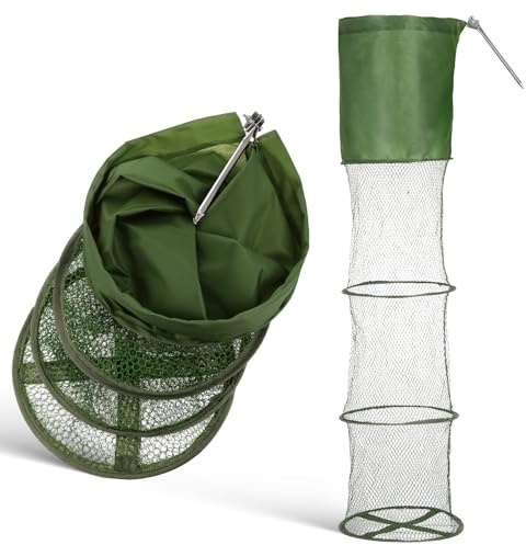 Fishing Bait Trap, Fishing Keepnet with Stainless Steel Ground Stake, Foldable Fish Landing Net Trap, Portable Mesh Cage for Carp Coarse, Crab Crayfish Shrimp Catching
