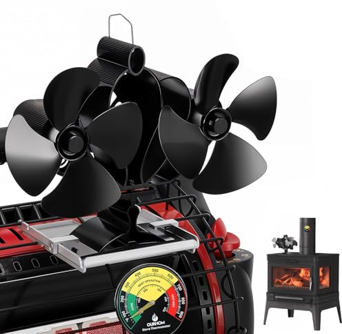 Ourhom Wood Stove Fan, Fireplace Fan with Magnetic Thermometer & Bracket, 8 Blades Heat Powered Fan, Silent Motors, Horizontal Air Flow for Wood/Pellet Fireplaces, Suitable for Mr. Heater