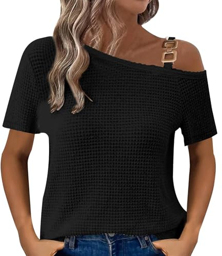 Generico Maglione Estivo da Donna a Maniche Corte con Spalle Scoperte Pullover Casual Lavorato all'Uncinetto Top in Maglia Traforata vestibilità Comoda Quotidiano Base Magliette T Shirt