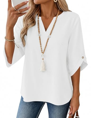 iWoo Womens 3/4 Sleeve Tops V Neck Ladies Blouses Cotton Linen Top Tunic | Casual Loose Fit Summer Top Elegant Shirts for UK Fall Shirt