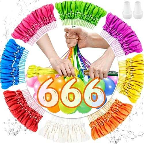 666 Bombe a Eau,Bombe a Eau Ballon Réutilisables Mega Packing avec 4 Branchements de Robinet,Ballons D'eau Colorés pour la Plage,Fête de la Piscine et Plus