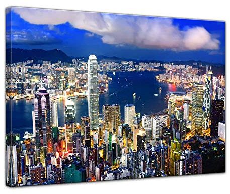 Wandbild - Hong Kong - Central District - Bild auf Leinwand 80 x 60 cm - Leinwandbilder Bilder als Leinwanddruck Städte & Kulturen Asien - China - Skyline von Hong Kong
