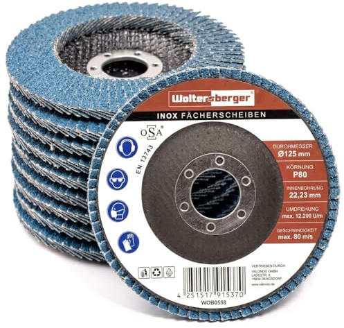 Woltersberger® 10 discos de láminas, Diámetro 125 mm, Grano 120, Azul/Inox, Discos de láminas/discos abrasivos de láminas