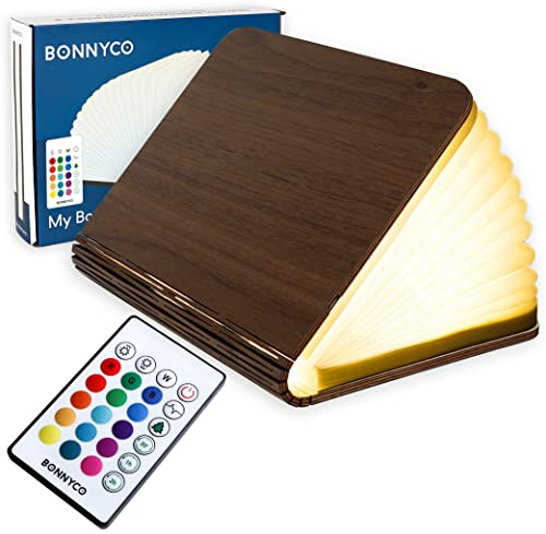 BONNYCO Buchlampe Holz mit Farbwechsel 16 Farben und Timer LED Buchlampe Geschenk für Frauen und Männer zum Geburtstag Weihnachten | Kleine Lampe Deko Wohnzimmer Schlafzimmer Zimmer | Buch Lampe