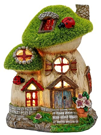 TERESA'S COLLECTIONS Adorno Jardín Exterior, Casa de Hadas con Seta de Resina con Lámpara Solar, Regalos para Hija, Mamá, Césped, Balcón, Regalo para Mujer, 19,5 cm