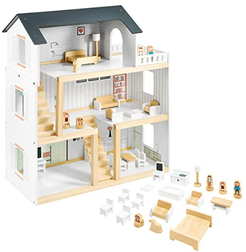 Mamabrum Holzpuppenhaus mit Möbeln & Zubehör - 3-STÖckiges Spielhaus (70x30x60cm) - Skandinavisches Design - Puppenhaus Holz Set mit 19 Möbelstücken für Kinder