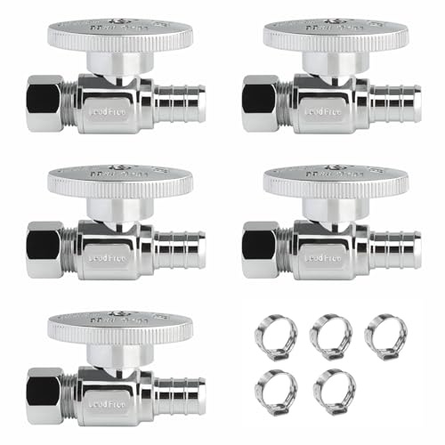 WiseWater Straight Stop Valve 1/2 PEX x 3/8 Compression with 5 Stainless Steel Clamps, Quarter Turn, Heavy-Duty Chrome Plated Brass Shut Off Valve for Sink & Toilet (5-Pack)