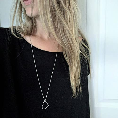 Aneneiceera Boho Long Love Pendant Necklace Silver Minimalist Heart Necklace Chain Hollow Heart Drop Necklace Jewelry for Women and Girls Gifts(Silver)