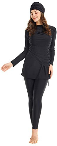 FYMNSI Muslim Swimsuits for Women Burkini Islamic Modest Swimwear Plus Size Full Cover Bathing Suit Rash Guard Long Sleeve Top Pants Hijab 3pcs Arabic Surfing Swimming Costume Beachwear Black M