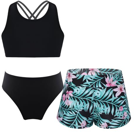 Freebily 3 Pièces Maillots de Bain Filles Tankini Bikini Vetement de Natation Plage Anti UV Ensemble Haut + Slip + Short de Bain Swimwear 3-16 Ans Z Noir Lis 15-16 Ans