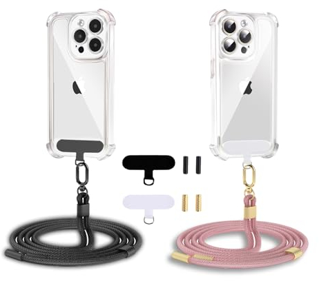 Qyoocom Handyband Universal für alle Smartphones,2 Stück Schlüsselband Kette zum Umhängen mit 4 Universelles Pad,Einstellbar und Abnehmbar. (Schwarz+Roségold)
