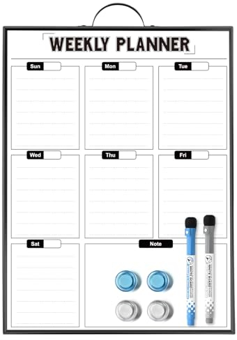 Sliandtelly Weekly Planner Dry Erase Calendar for Wall Hanging, 16x12 Aluminum Frame Whiteboard Calendar with Holder, Portable White Board as Planning Board Meal Planner for Home Kitchen Office