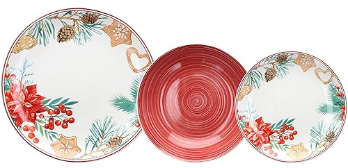 Tognana Dolce Natale, servizio piatti per 6 persone, 18 pezzi, porcellana, rosso