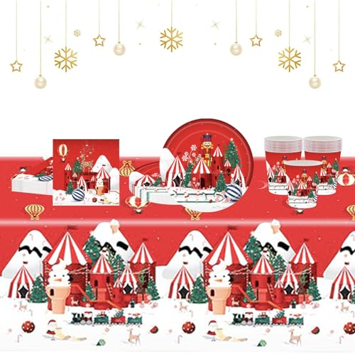 POPOYU 53 Pezzi Stoviglie per Feste in Carta di Natale, 1x Tovaglia Natalizia, 16x Piatti Piani, 16x Tazze, 20x Tovaglioli, Set di Stoviglie per 16 Persone Festa Decorazioni di Capodanno Natale