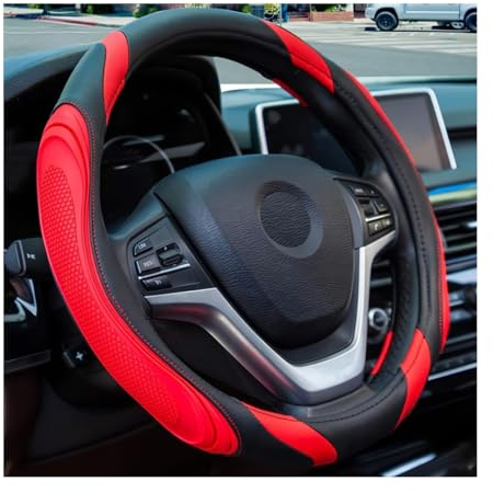 JNNJ Car Leather Steering Wheel Cover, Sport Universal 37-38cm Breathable, Sweat Absorbent, Anti-Slip, Protective Car Interior Accessories (Black/Red)