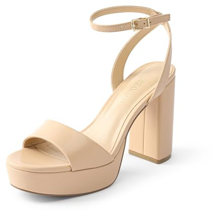 DREAM PAIRS Platform High Heels for Women Chunky Round Open Toe Ankle Strap Stylish Heeled Sandals for Party Prom Wedding,Size 8,Nude-Pu,SDHS2423W