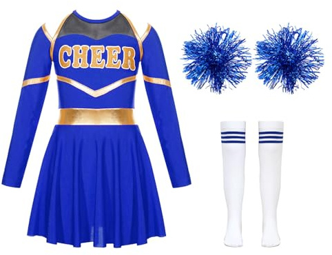 Alvivi Enfant Fille Déguisement Pom-pom Girl Uniforme Pom Pom Girl Robe Manches Longues Costume Performance Carnaval Halloween 5-16 Ans B Bleu Roi 11-12 ans