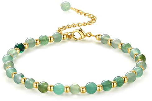 Adramata Perlen Armband für Damen - Naturstein Armbänder mit 5MM Naturstein und 3MM Edelstahl Perlen - Verstellbares Armband mit Geschenkbox - Grün, Böhmisch