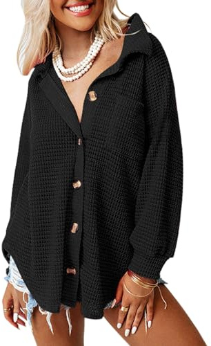 DUOEASE Blusas de Mujer Elegantes Cuello en V Waffle Chaqueta de Punto Mujer Camisa Casual-Negro-M