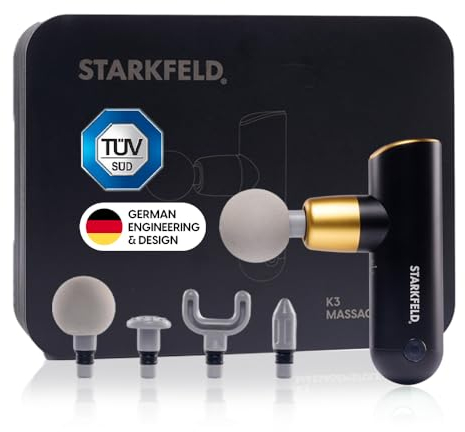 STARKFELD® STARKGUN® DELUXE MASSAGE GUN – Tiefengewebe Massagepistole mini | Kraftvoll & Kompakt|Massagegerät mit 4 Aufsätzen & Tragecase| Schmerzlinderung & Schnelle Regeneration (Schwarz)
