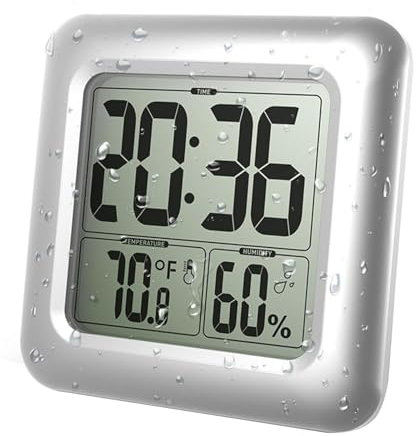 Large Waterproof Bathroom Wall Clock, Digital Water Resistant Shower Temperature Humidity Clock, Big Digits Hygrometer Thermometer for Elderly, 4 Suction Cups, Table Standing, 12/24H, °F/°C (Silver)