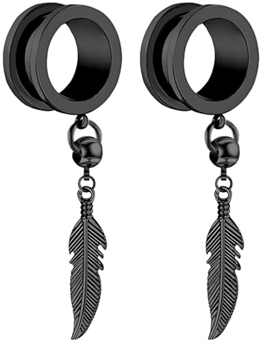 Decentraland 1 Pairs Black 10 mm(00 G) Feather Screw Ears Gauges Stretcher Expander Gage Septum Stretching Flesh Ear Tunnels Hide Earrings Plugs Body Piercing Jewelry Stainless Steel Women Men