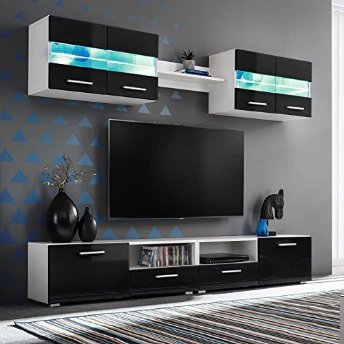 Festnight Parete Attrezzata Soggiorno Mobile TV Sospeso con Luci LED 5 pz Nero Lucido