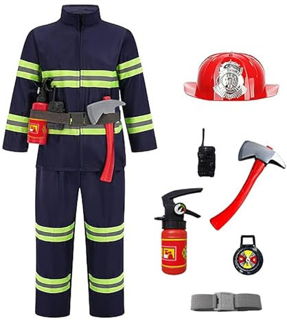 Costume de pompier pour enfant, 8 pièces, avec veste, casque, badge, extincteur, jouet, boussole, ceinture, hache et mégaphone