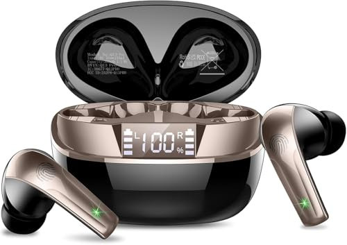 ZHINDVIS Auriculares Bluetooth con Doble Pantalla y micrófono estéreo. Auriculares inalámbricos de Carga rápida, Resistentes al Agua y Color Negro y Dorado.