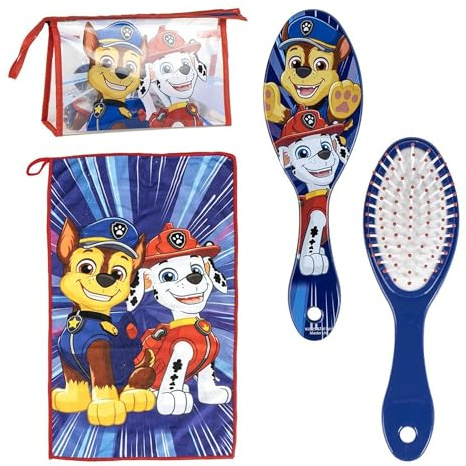 Set per la toelettatura dei bambini Paw Patrol con spazzola, asciugamano e borsa per il trasporto - Kit per l'igiene personale per bambini appassionati di Paw Patrol, ideale per viaggi e asili nido