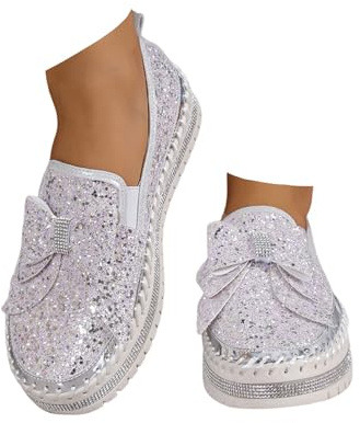 Xbemkste Damglitter, sneakers, paljetter, gnistrande plattform, strass, fest, semester, bröllop, sneakers, slip-on, tygskor med rosett, platta loafers, promenadskor, ROSA, 40 EU